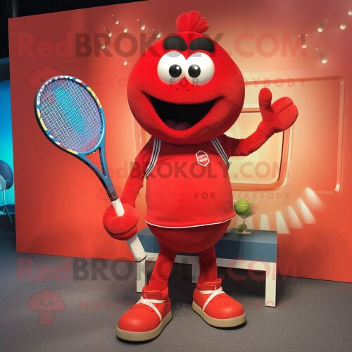 Personnage De Costume De Mascotte Redbrokoly De Raquette De Tennis Rouge Habillé D'une Salopette Et De Broches