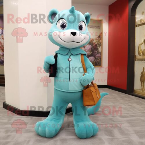 Personnage De Costume De Mascotte Redbrokoly Cyan Weasel Habillé D'un Col Roulé Et De Pochettes