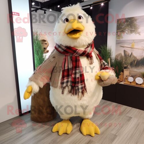 Personnage De Costume De Mascotte Redbrokoly De Poulet Crème Habillé D'une Chemise En Flanelle Et De Porte-Clés