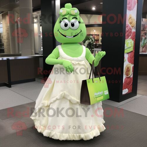 Personnage De Costume De Mascotte Redbrokoly De Barre De Chocolat Vert Citron Vêtu D'une Robe De Mariée Et De Sacs Fourre-Tout