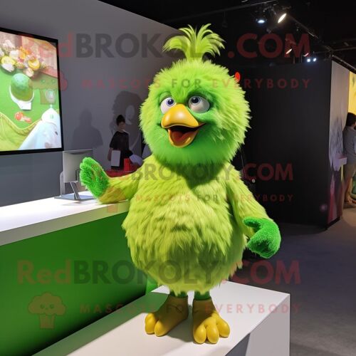 Personnage De Costume De Mascotte Redbrokoly De Poulet Vert Citron Vêtu D'une Barboteuse Et D'épingles À Cheveux