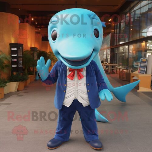 Mascotte Redbrokoly De Personnage De Baleine Bleu Turquoise Habillé D'une Chemise Chambray Et De Noeuds Papillon