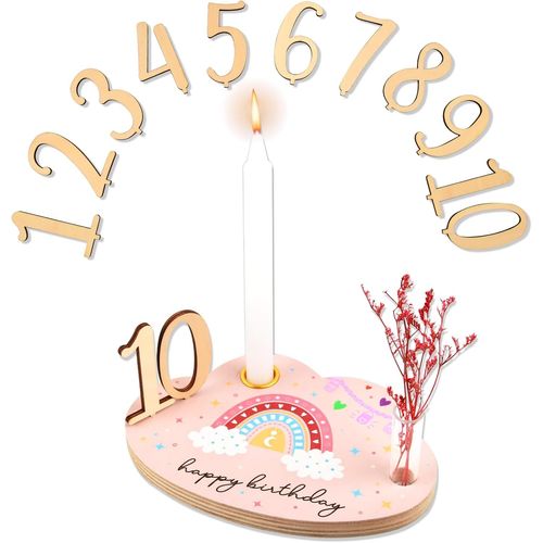 Assiette D'anniversaire En Bois Avec Bougeoir, Vase, Chiffres Et Bougies D'anniversaire, Cadeau De 1er Anniversaire, Cadeau D'anniversaire, Fête Prénatale[Z7871]