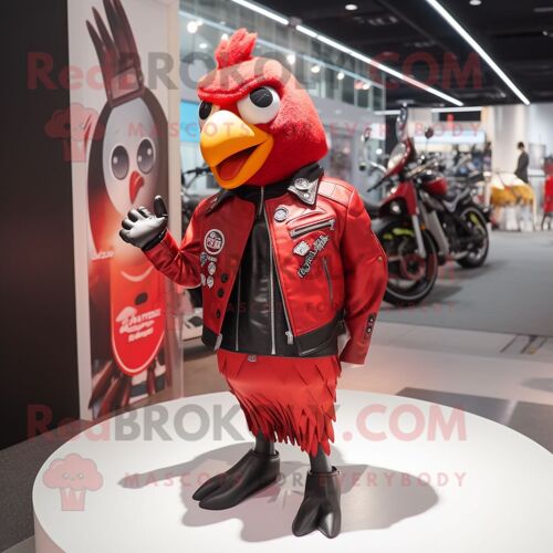 Personnage De Costume De Mascotte Redbrokoly Red Quail Habillé D'une Veste De Motard Et De Porte-Monnaie