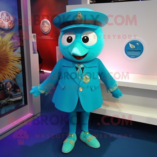 Personnage De Costume De Mascotte Redbrokoly Turquoise Alliance Habillé D'une Jupe Trapèze Et D'épinglettes