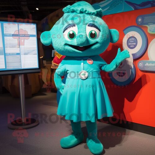 Personnage De Costume De Mascotte Redbrokoly Turquoise Alliance Habillé D'une Jupe Trapèze Et D'épinglettes