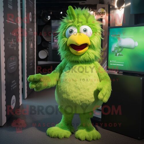 Personnage De Costume De Mascotte Redbrokoly De Poulet Vert Citron Vêtu D'une Barboteuse Et D'épingles À Cheveux