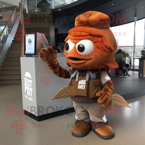 Personnage De Costume De Mascotte Redbrokoly Rust Fish And Chips Habillé D'un Pantalon Cargo Et De Mitaines