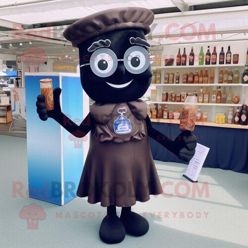 Personnage De Costume De Mascotte Redbrokoly De Barres De Chocolat Bleu Marine Habillé D'une Robe De Cocktail Et De Lunettes De Lecture