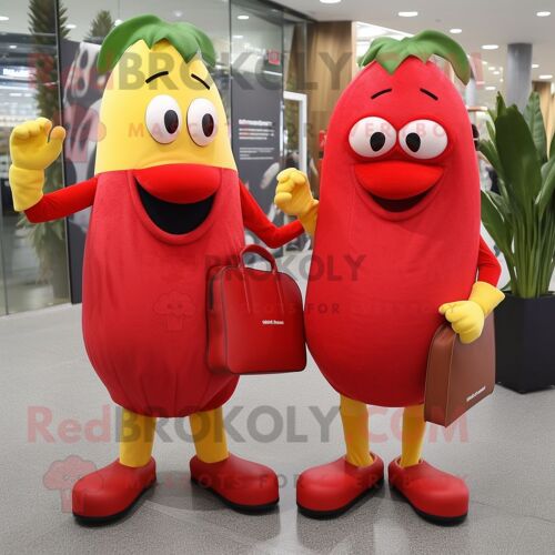 Personnage De Costume De Mascotte Redbrokoly De Banane Rouge Habillé D'une Robe Midi Et De Porte-Documents