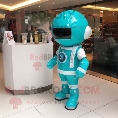 Personnage De Costume De Mascotte Redbrokoly D'astronaute Turquoise Habillé D'une Robe De Cocktail Et De Porte-Clés