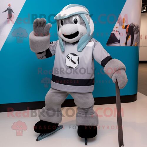 Personnage De Costume De Mascotte Redbrokoly De Bâton De Hockey Sur Glace Gris Habillé D'une Combinaison Et De Coussinets Pour Les Pieds