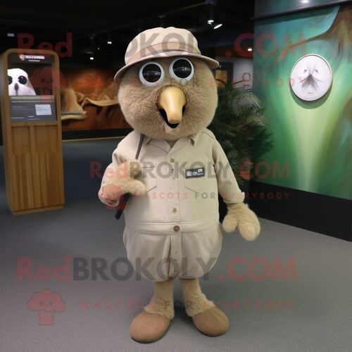 Mascotte Redbrokoly De Personnage De Kiwi Beige Habillé D'un T-Shirt Henley Et De Chapeaux
