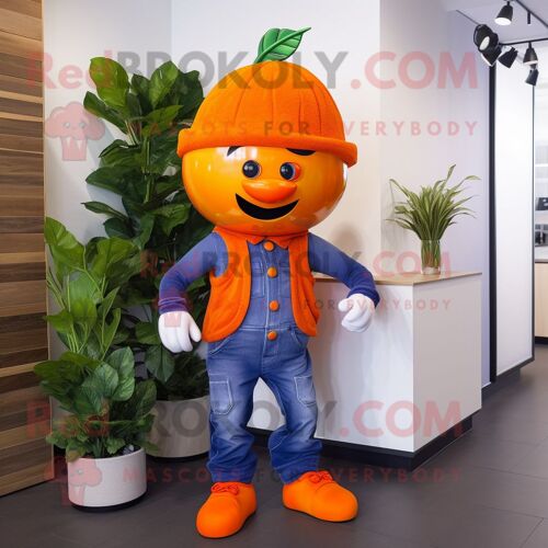 Costume De Mascotte Redbrokoly De Raisin Orange Habillé D'un Jean Flare Et De Cravates