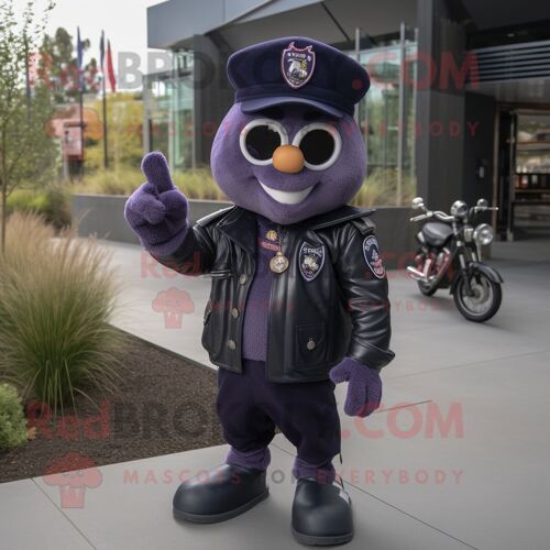 Personnage De Costume De Mascotte Redbrokoly De Prune Marine Habillé D'une Veste De Motard Et De Porte-Clés