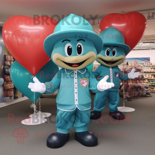 Personnage De Costume De Mascotte Redbrokoly De Ballons En Forme De Coeur Bleu Sarcelle Habillé D'un Coupe-Vent Et D'épingles À Chapeau