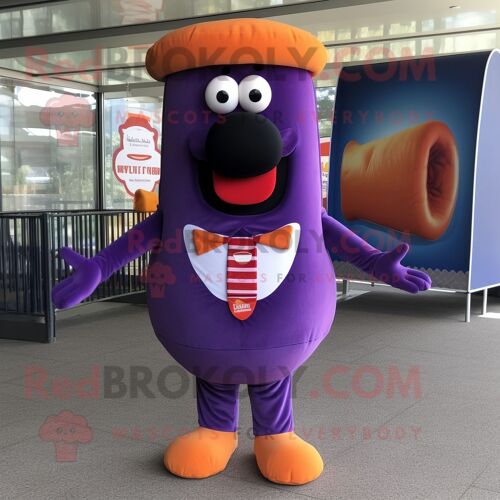 Personnage De Costume De Mascotte Redbrokoly Hot Dog Violet Habillé D'un Costume Et De Boutons De Manchette