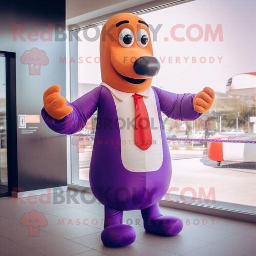 Personnage De Costume De Mascotte Redbrokoly Hot Dog Violet Habillé D'un Costume Et De Boutons De Manchette