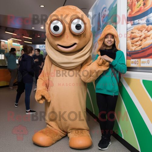 Personnage De Costume De Mascotte Redbrokoly Tan Fried Calamari Habillé D'un Col Roulé Et De Montres