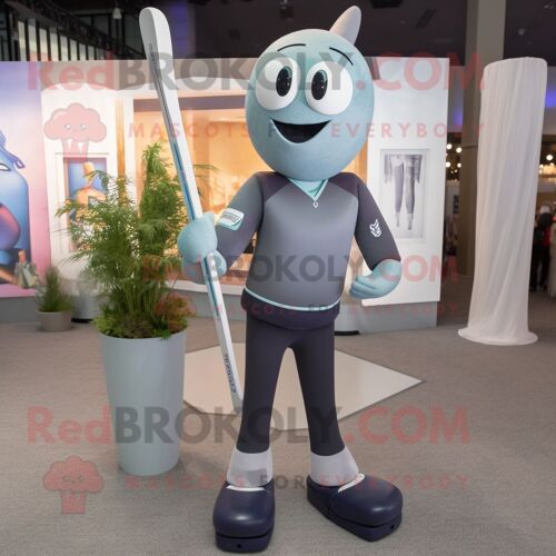 Personnage De Costume De Mascotte Redbrokoly De Bâton De Hockey Sur Glace Gris Habillé Avec Un Pantalon De Yoga Et Des Cravates