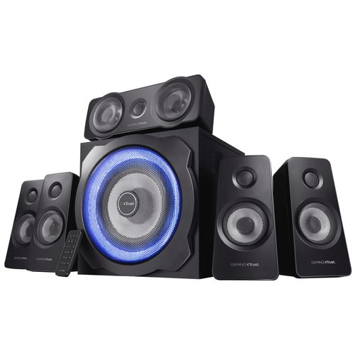 Trust Gaming GXT 658 Tytan Enceinte PC Gamer 5.1, avec Caisson de Basses pour Ordinateur (180 Watt), LED Lumineuse, Télécommande sans Fil, Enceinte pour PC, Ordinateur Portable - Noir/Bleu