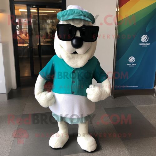Costume De Mascotte Redbrokoly Teal Beef Stroganoff Habillé D'une Robe Taille Empire Et De Lunettes De Soleil