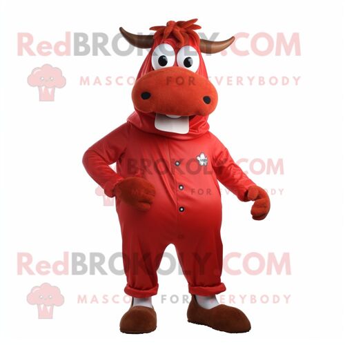 Personnage De Costume De Mascotte Redbrokoly De Vache Rouge Habillé D'un Pantalon Et De Lacets