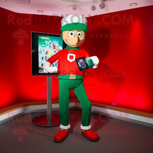 Personnage De Costume De Mascotte Redbrokoly De Drapeau Irlandais Rouge Habillé Avec Un Jegging Et Des Montres Numériques