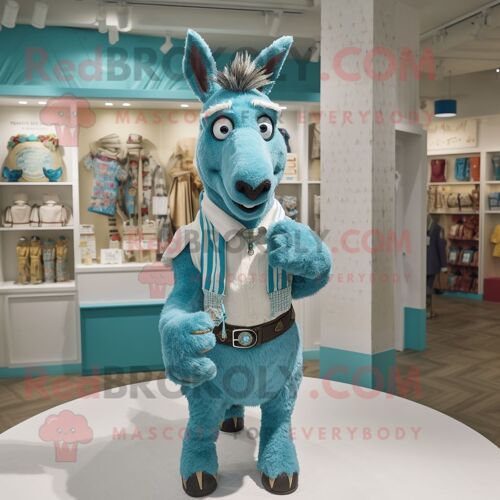 Personnage De Costume De Mascotte Redbrokoly D'âne Turquoise Habillé D'une Chemise Et De Châles