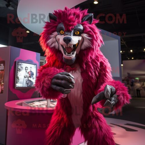 Personnage De Costume De Mascotte Redbrokoly De Loup-Garou Magenta Habillé D'un T-Shirt Et De Bagues
