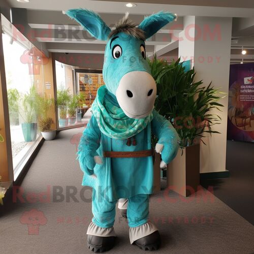 Personnage De Costume De Mascotte Redbrokoly D'âne Turquoise Habillé D'une Chemise Et De Châles