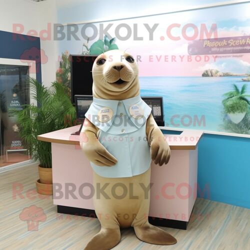 Mascotte Redbrokoly De Personnage De Lion De Mer Beige Habillé D'un Chemisier Et De Boucles D'oreilles