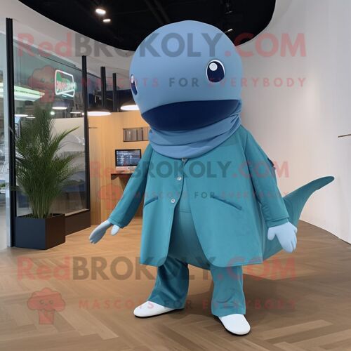 Mascotte Redbrokoly De Personnage De Baleine Bleue Cyan Habillée D'un Col Roulé Et De Pochettes