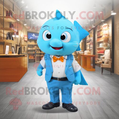 Personnage De Costume De Mascotte Redbrokoly De Poisson Rouge Bleu Ciel Habillé D'un Gilet Et De Pochettes
