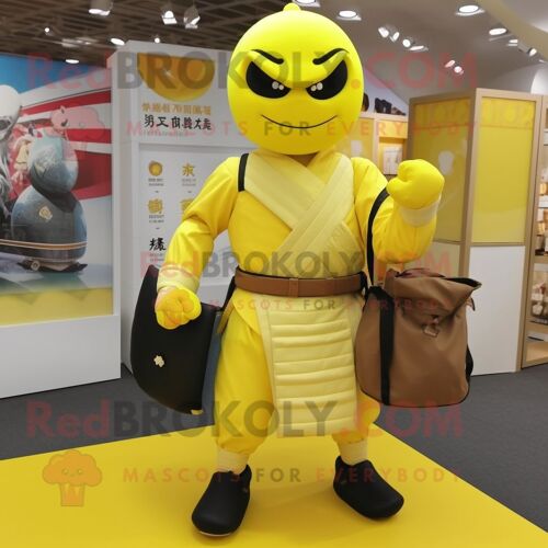 Personnage De Costume De Mascotte Redbrokoly De Samouraï Jaune Citron Habillé D'un Pantalon Et De Porte-Documents