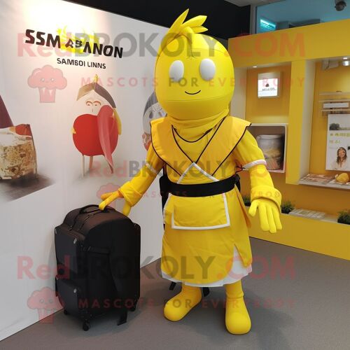 Personnage De Costume De Mascotte Redbrokoly De Samouraï Jaune Citron Habillé D'un Pantalon Et De Porte-Documents