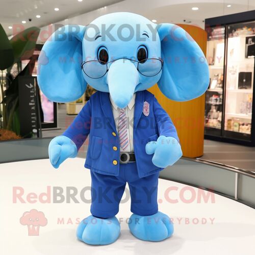 Personnage De Costume De Mascotte Redbrokoly D'éléphant Bleu Habillé D'une Veste Et De Lunettes