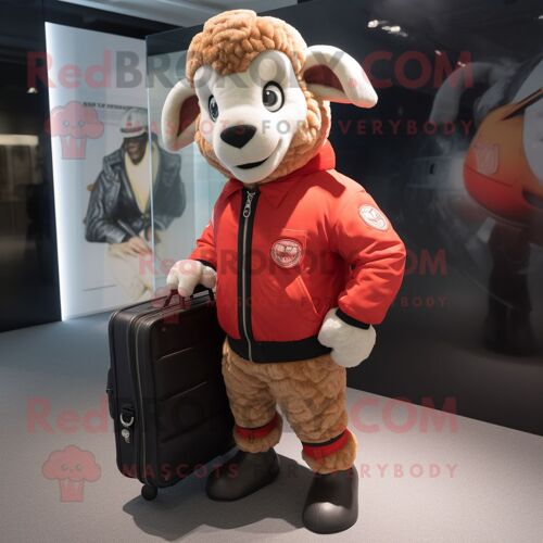 Personnage De Costume De Mascotte Redbrokoly De Bélier Rouge Habillé D'un Blouson Aviateur Et De Mallettes
