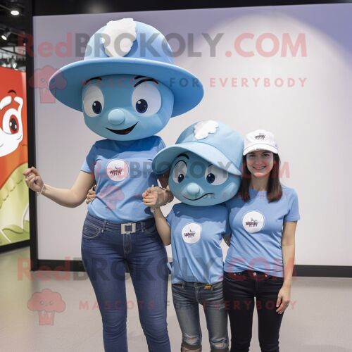 Costume De Mascotte Redbrokoly De L'alliance Bleu Ciel Habillé D'un Jean Et D'un Bonnet De Maman