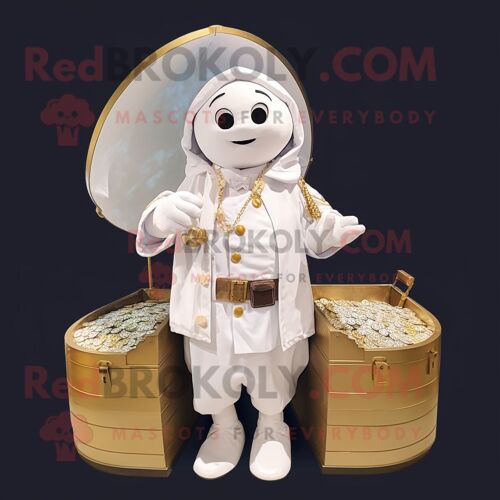 Personnage De Costume De Mascotte Redbrokoly De Coffre Au Trésor Blanc Habillé D'un Imperméable Et De Porte-Monnaie