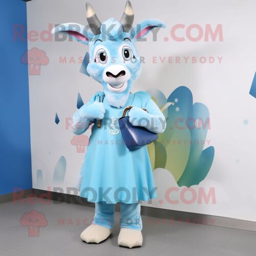 Personnage De Costume De Mascotte Redbrokoly De Chèvre Bleu Ciel Habillé D'une Robe Trapèze Et De Pochettes
