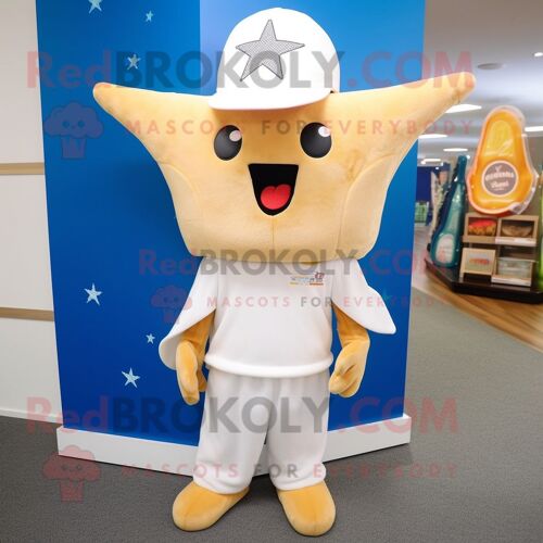 Costume De Mascotte Redbrokoly D'étoile De Mer Crème Personnage Habillé D'un Jean Bootcut Et De Bonnets