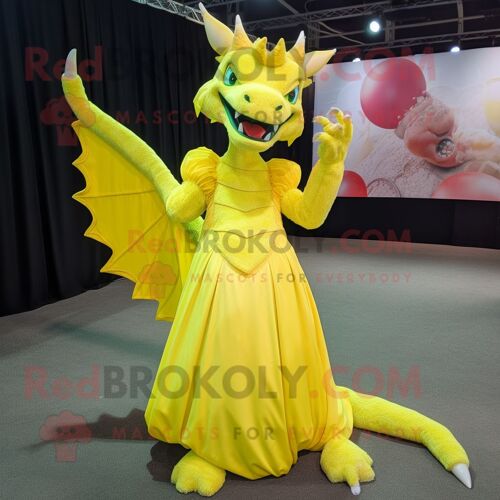 Personnage De Costume De Mascotte Redbrokoly De Dragon Jaune Citron Habillé D'une Robe De Bal Et De Clips D'écharpe