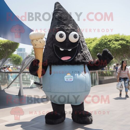 Personnage De Costume De Mascotte Redbrokoly De Cornet De Crème Glacée Noir Habillé D'un Short En Jean Et De Bretelles
