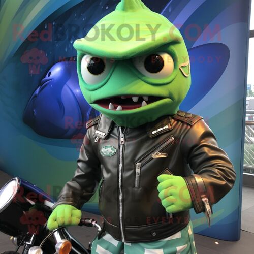 Personnage De Costume De Mascotte Redbrokoly De Thon Vert Habillé D'une Veste De Motard Et De Casquettes