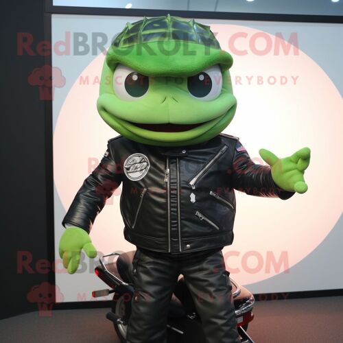 Personnage De Costume De Mascotte Redbrokoly De Thon Vert Habillé D'une Veste De Motard Et De Casquettes