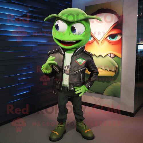 Personnage De Costume De Mascotte Redbrokoly De Thon Vert Habillé D'une Veste De Motard Et De Casquettes