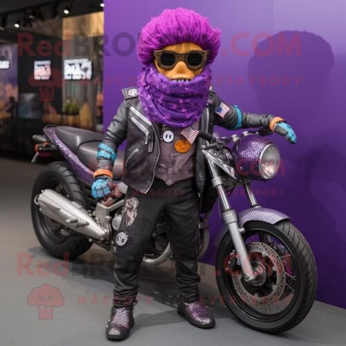 Mascotte Redbrokoly De Personnage Biryani Violet Habillé D'une Veste De Motard Et De Pochettes