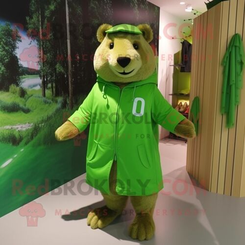 Personnage De Costume De Mascotte Redbrokoly De Castor Vert Citron Vêtu D'un Manteau Et De Bracelets De Cheville