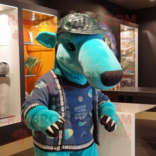Personnage De Costume De Mascotte Redbrokoly Tapir Turquoise Habillé D'un T-Shirt Graphique Et D'épingles À Chapeau